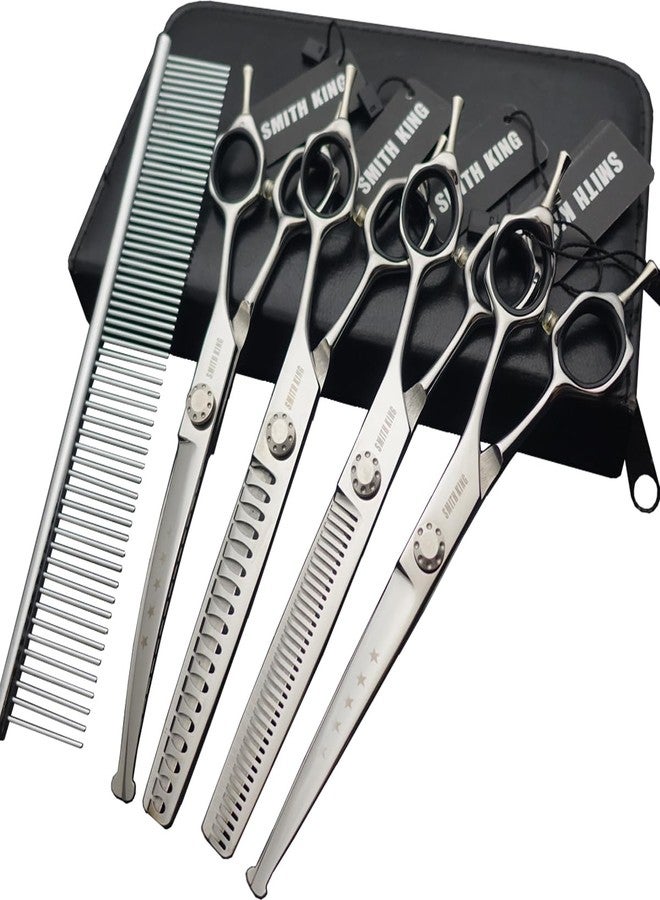 Smithking 7 inches Safe Dog Grooming Scissors Set with Round Tip,Straight & Thinning & Curved Shears Set with comb for Dog & Cat Grooming human hair cutting (Black 4 in 1 with comb) - Image 1